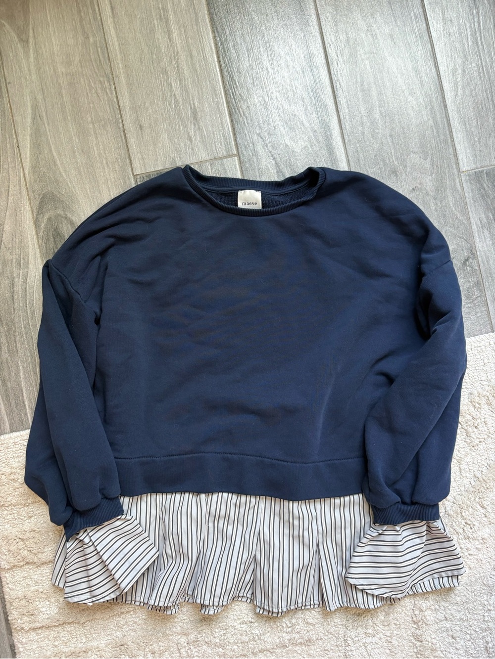 Maeve Navy Crewneck Sweater with Striped Faux-Layer Hem